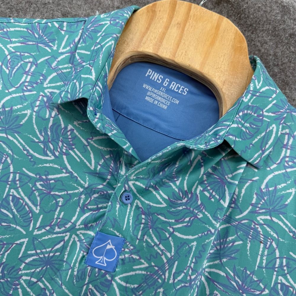 Pins & Aces Polo Mens XXL Teal Tropical Palm Ukulele Performance Golf Shirt